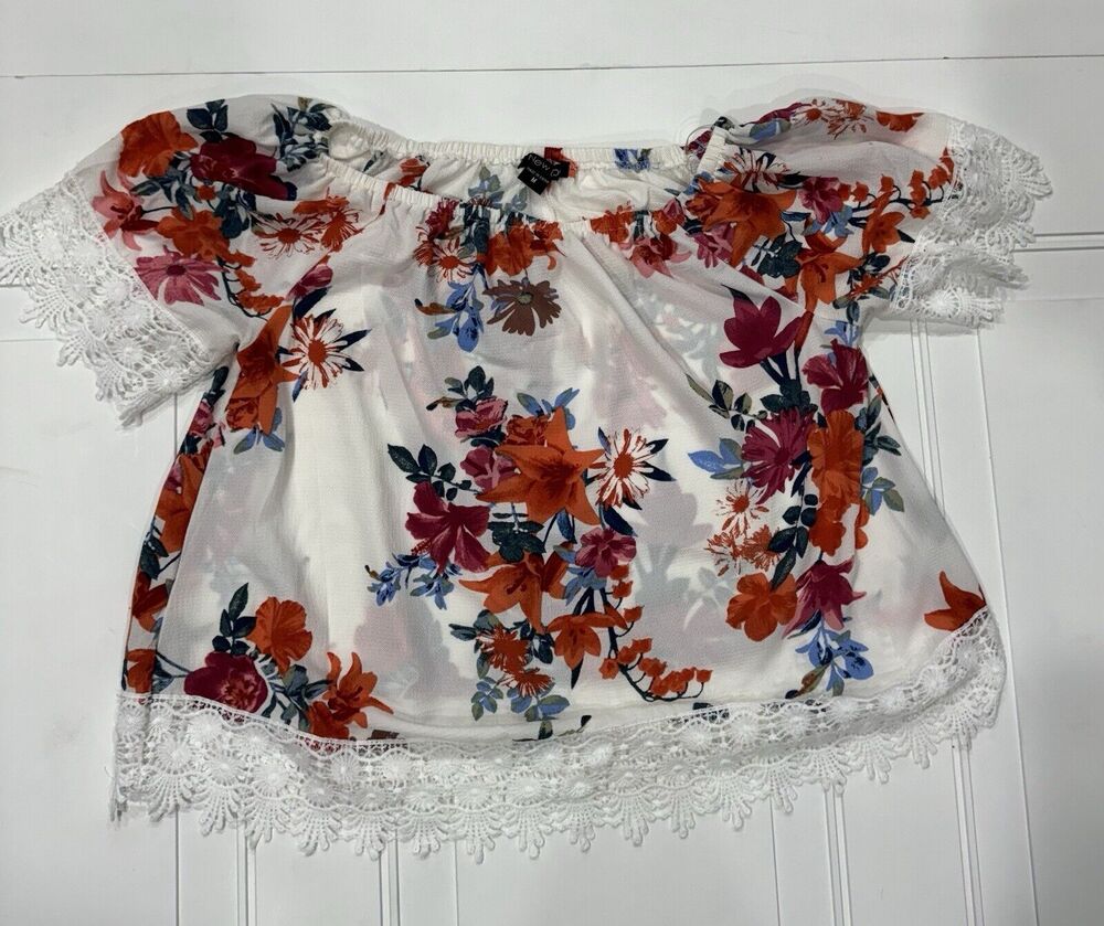 New Look Womens Sz M White Lace Floral Short Sleeve Shirt Blouse Top